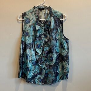 J. Crew Blue and Black Floral Blouse. Size L.